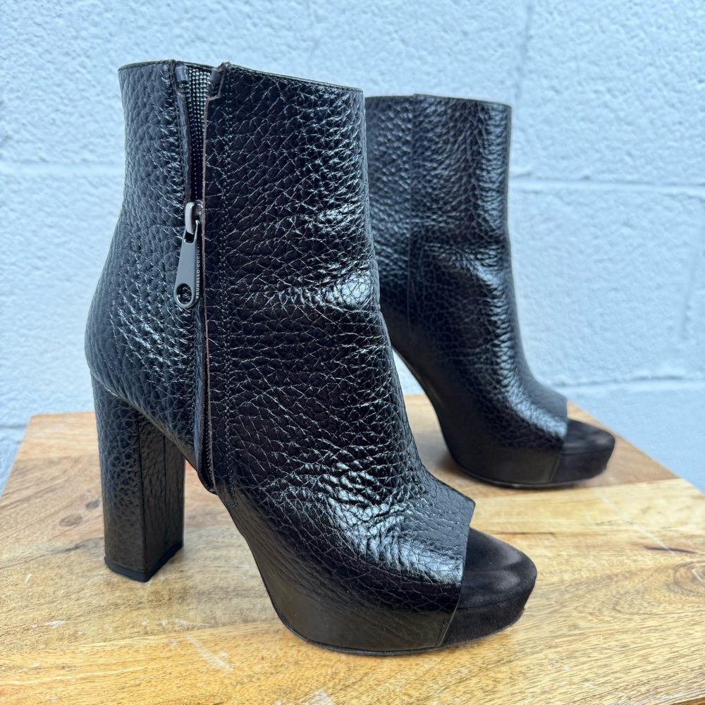 Brunello Cucinelli Black Textured Leather Peep-Toe Ankle Boots